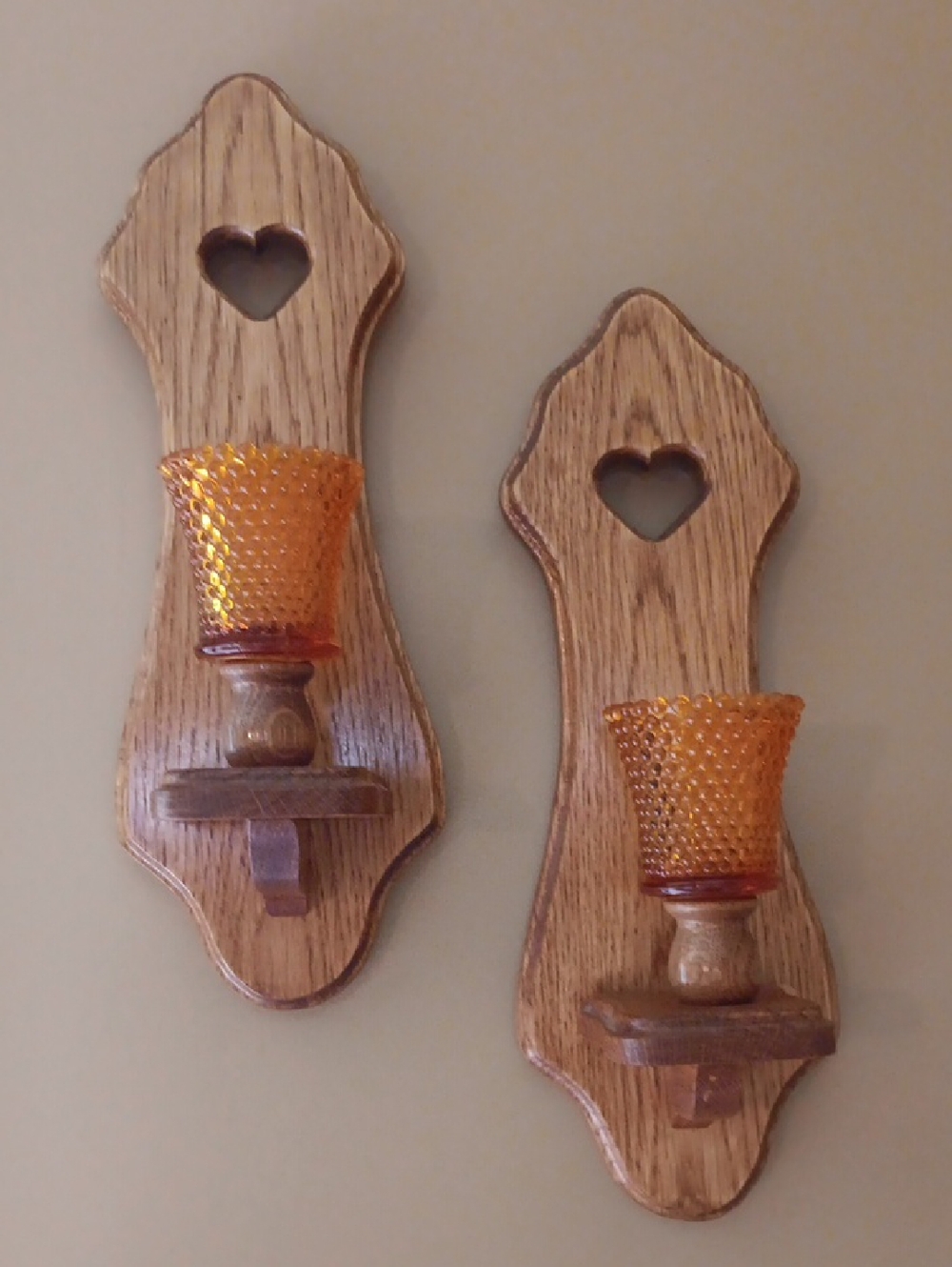 Vintage Set Of Two Wooden Heart Sconces With Amber Glass Knobbed Votive Holders.